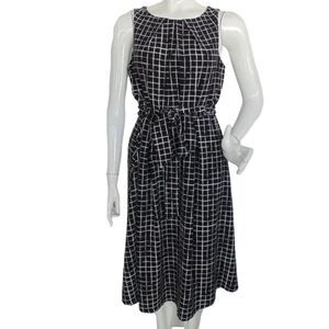 ELLE Dress, 8, Black & White Check/Stripes, Origami Neck, Sash Belt, Sleeveless